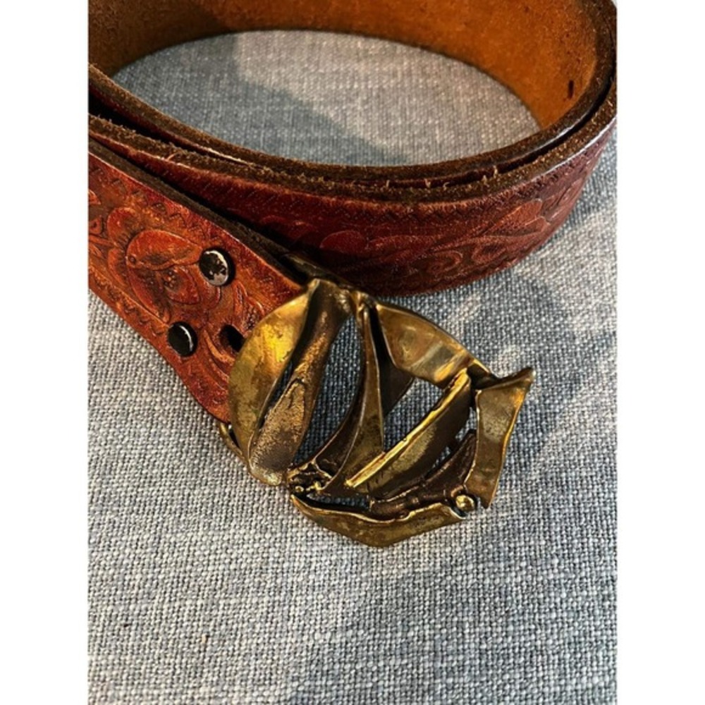 Tooled Leather Belt LMC‎ Vintage Bronze Tone Buckle Brown Floral 38 Inch Unisex